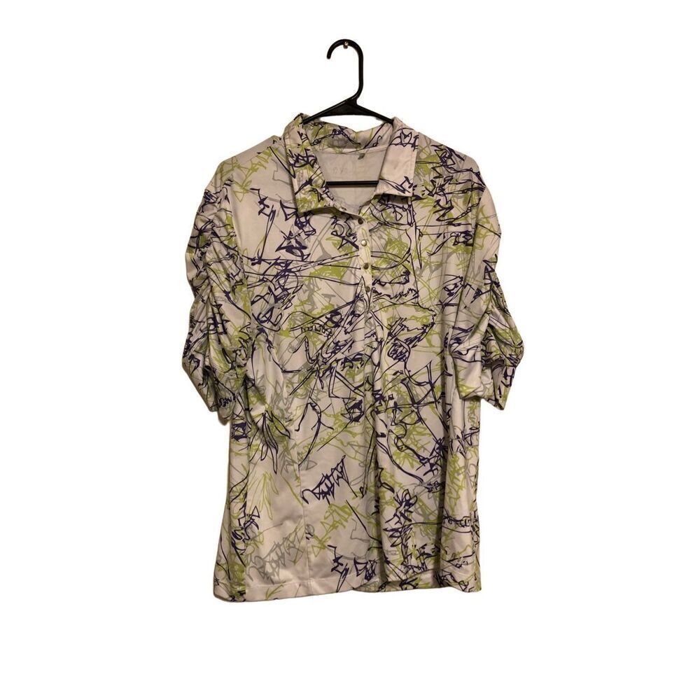 Women’s NIVO GOLF Lanctot Short Ruffled Sleeve Purple & Green Print Top Size XL